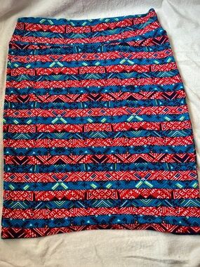 LuLaRoe Cassie Pencil Skirt 3X Red Blue Geometric Aztec Print Plus Size Stretch